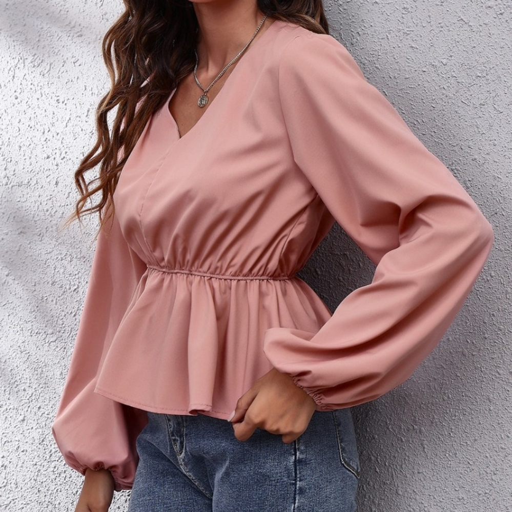 V-Neck Peplum Top with Stylish Balloon Sleeves